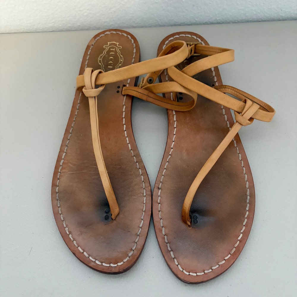 TUCCIA Capri Leather Thong Sandals Tan Brown Buckle Ankle Strap Italy S 40 Us 8‎ - Picture 3 of 8